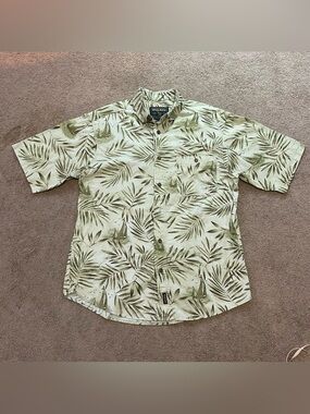 Woolrich Hawaiian Shirt Floral Palms Sail Boat Cotton Tan Retro Mens Medium